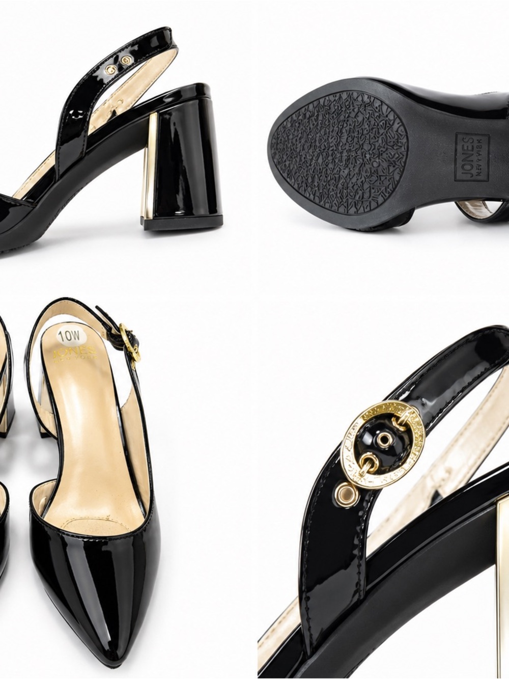 Jones New York Black Patent Slingback Block Heels with Gold Accent